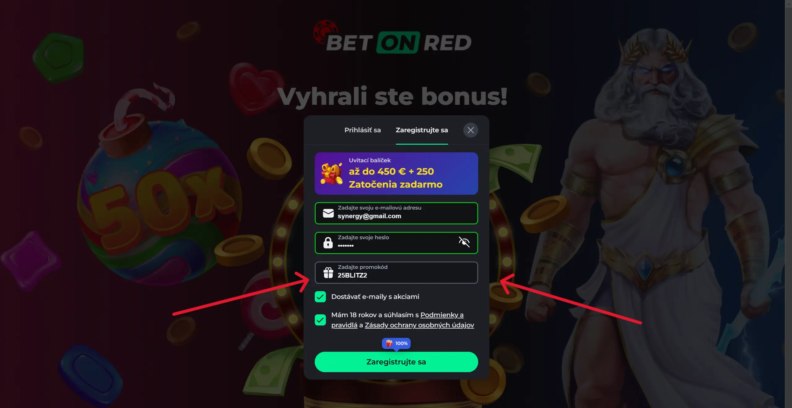 registračný formulár BetOnRed Casino