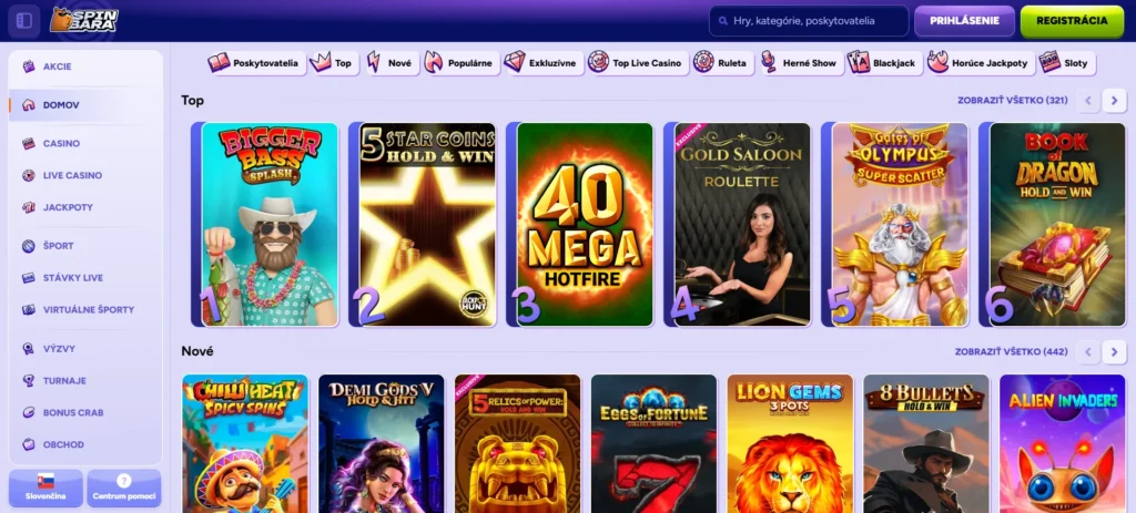 Uvítací bonus Spinbara Casino ponuka hier