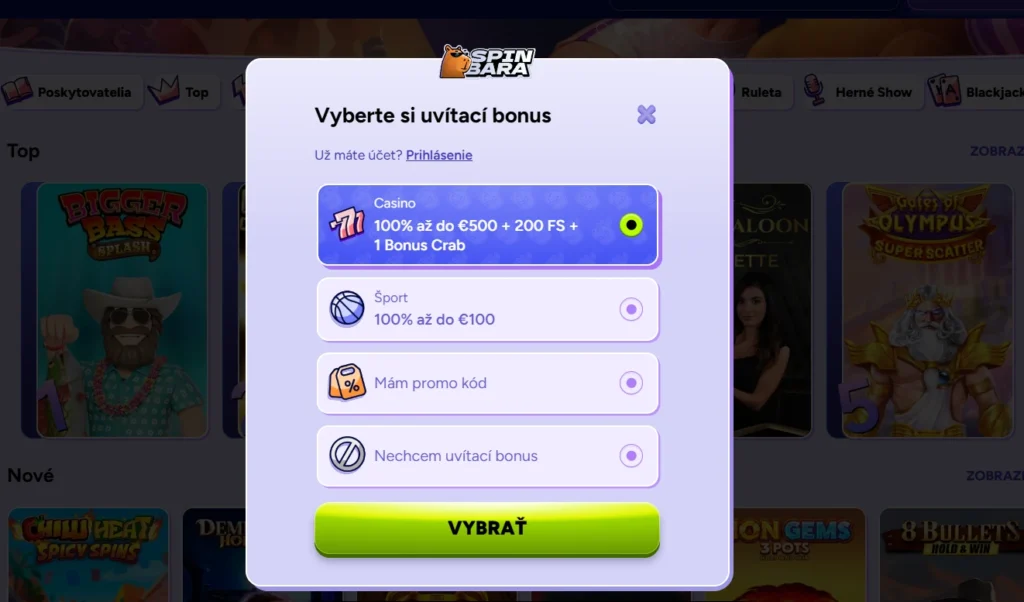 Uvítací bonus Spinbara Casino registrácia